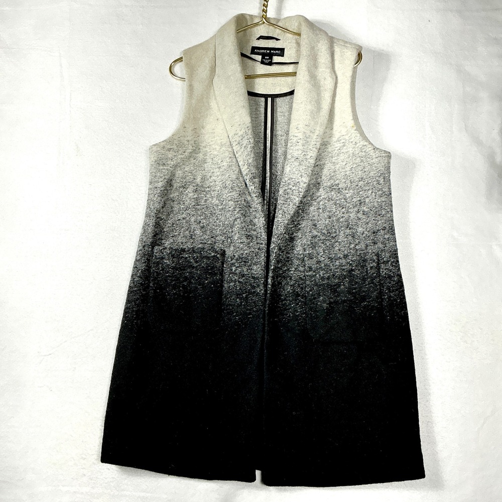 Andrew Marc Size Medium M Ombre Gradient Long Vest Shawl Collar Black Grey